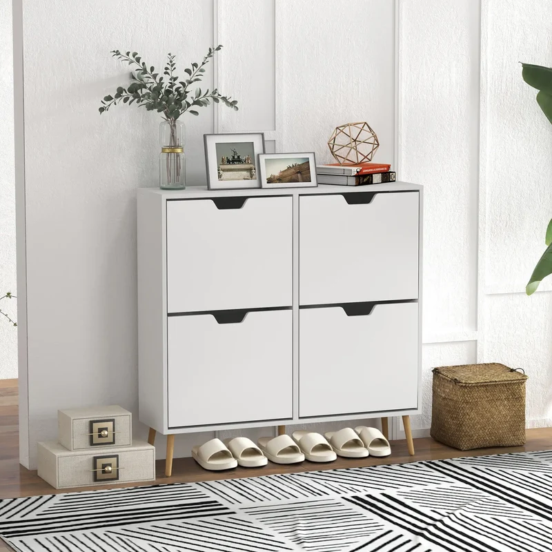 Shoe Storage Cabinet, 4 Flip Drawers, Adjustable Shelf, Holds 8-16 Pairs, White