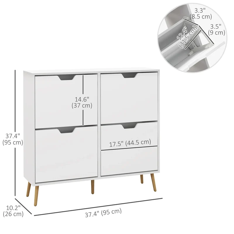 Shoe Storage Cabinet, 4 Flip Drawers, Adjustable Shelf, Holds 8-16 Pairs, White