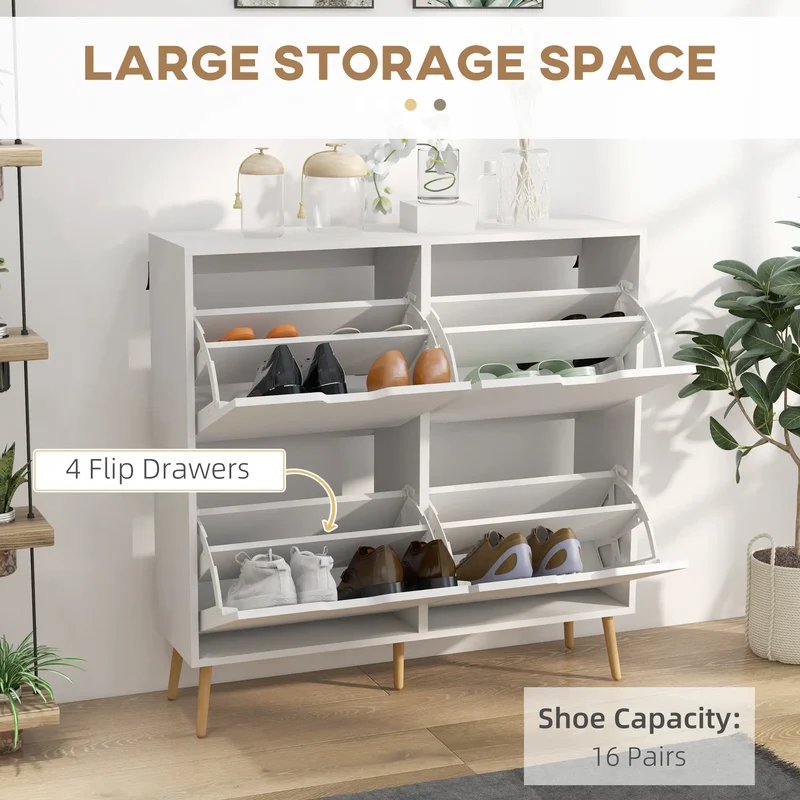 Shoe Storage Cabinet, 4 Flip Drawers, Adjustable Shelf, Holds 8-16 Pairs, White