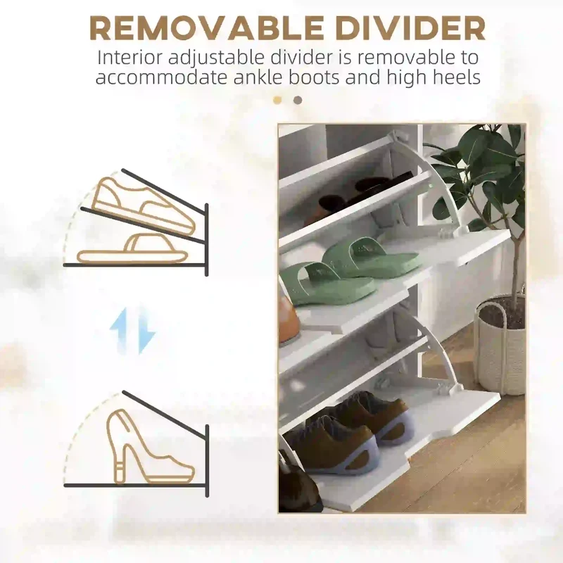 Shoe Storage Cabinet, 4 Flip Drawers, Adjustable Shelf, Holds 8-16 Pairs, White