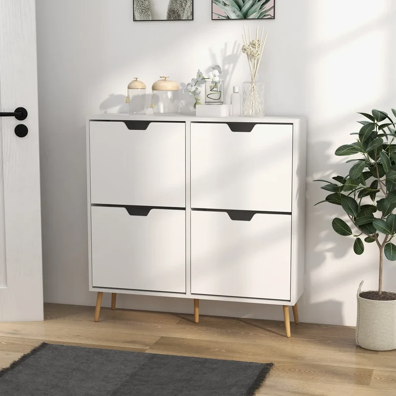 Shoe Storage Cabinet, 4 Flip Drawers, Adjustable Shelf, Holds 8-16 Pairs, White