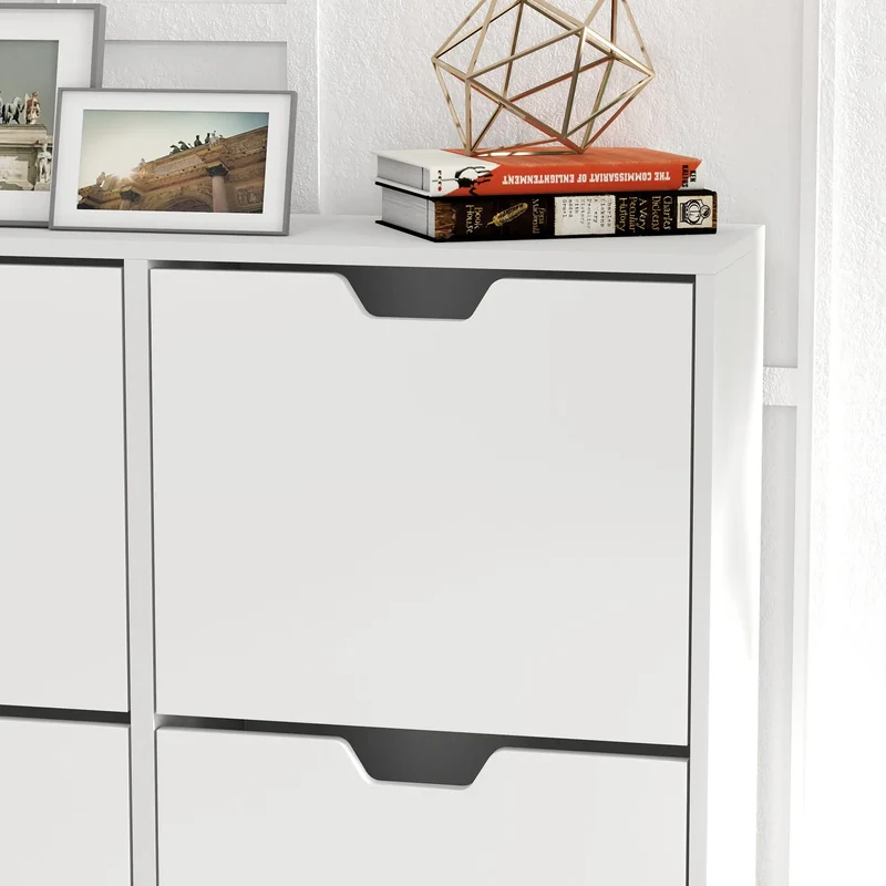 Shoe Storage Cabinet, 4 Flip Drawers, Adjustable Shelf, Holds 8-16 Pairs, White