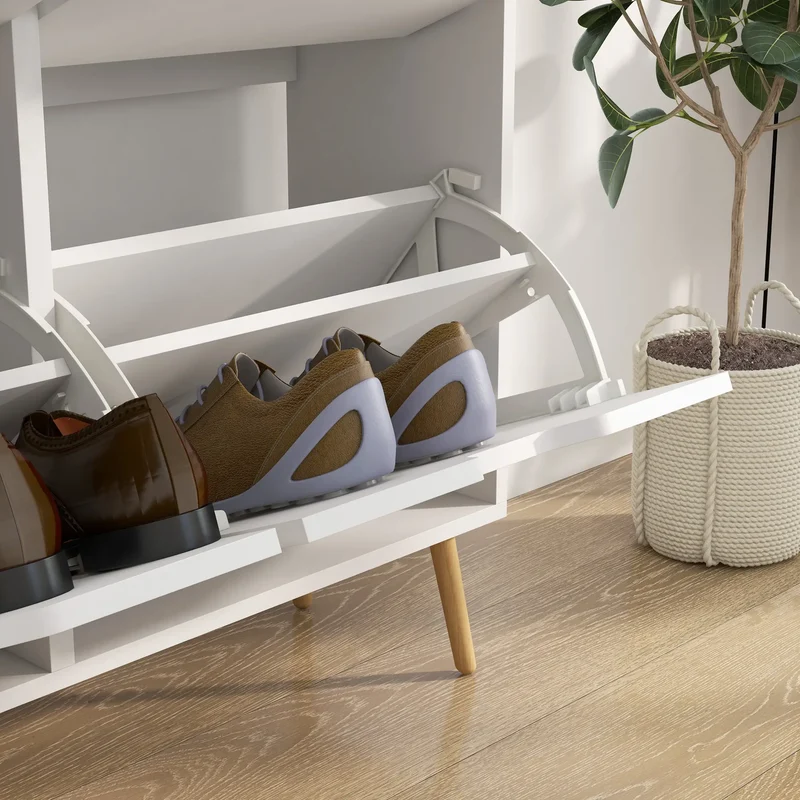 Shoe Storage Cabinet, 4 Flip Drawers, Adjustable Shelf, Holds 8-16 Pairs, White