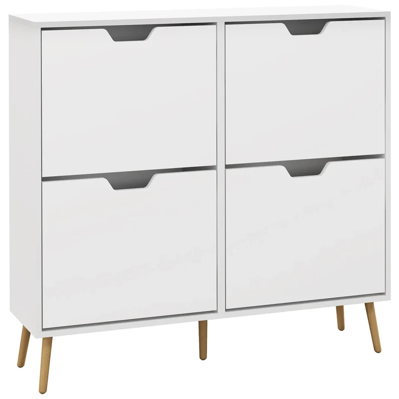 Shoe Storage Cabinet, 4 Flip Drawers, Adjustable Shelf, Holds 8-16 Pairs, White