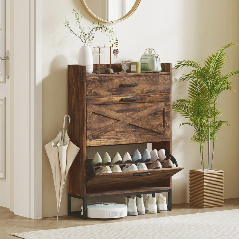 Slim Shoe Storage, 2 Flip Drawers, Adjustable Shelves, 12 Pair, Rustic Brown