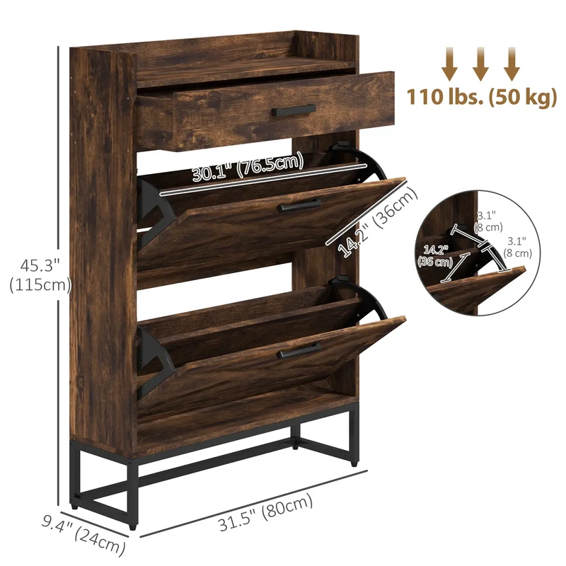 Slim Shoe Storage, 2 Flip Drawers, Adjustable Shelves, 12 Pair, Rustic Brown
