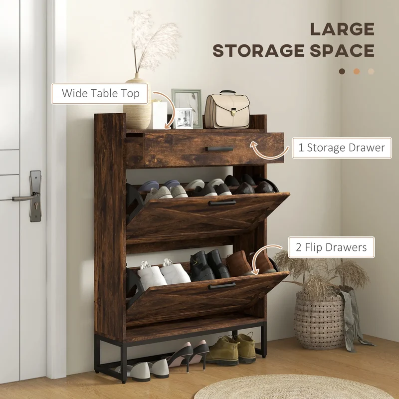 Slim Shoe Storage, 2 Flip Drawers, Adjustable Shelves, 12 Pair, Rustic Brown