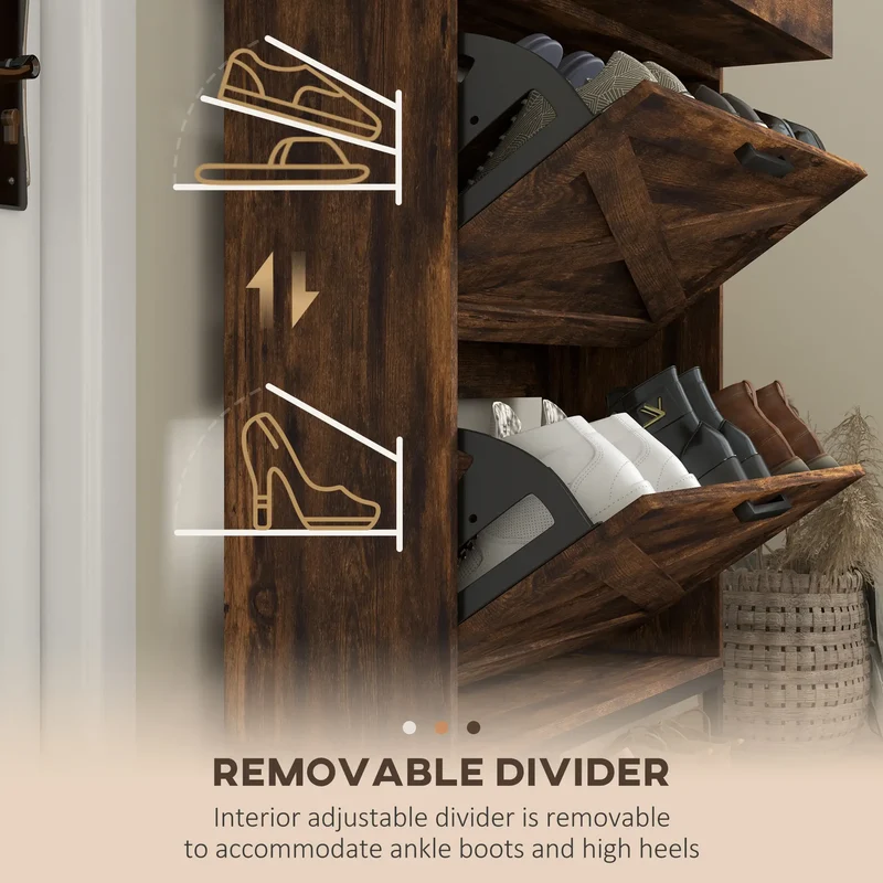 Slim Shoe Storage, 2 Flip Drawers, Adjustable Shelves, 12 Pair, Rustic Brown