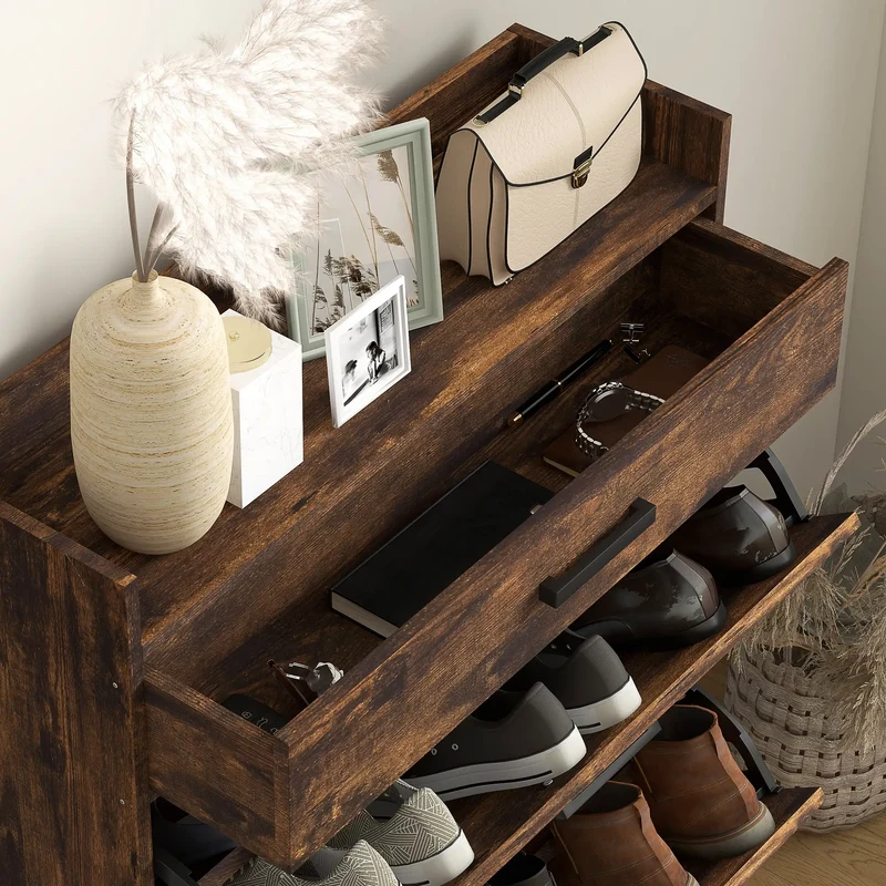 Slim Shoe Storage, 2 Flip Drawers, Adjustable Shelves, 12 Pair, Rustic Brown