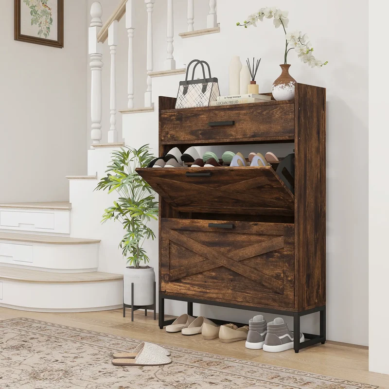 Slim Shoe Storage, 2 Flip Drawers, Adjustable Shelves, 12 Pair, Rustic Brown