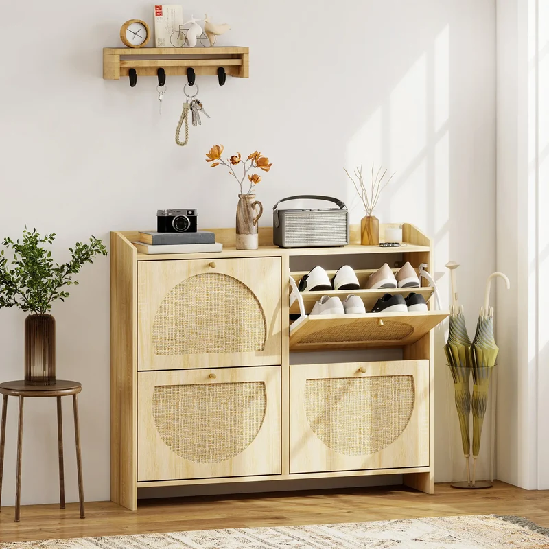 4 Flip-Drawer Shoe Cabinet, Rattan Doors, Adjustable Shelves, Holds 16 Pairs, Natural