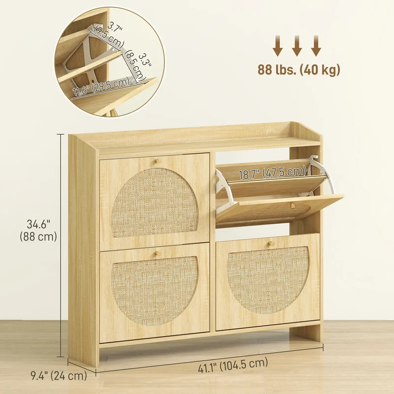 4 Flip-Drawer Shoe Cabinet, Rattan Doors, Adjustable Shelves, Holds 16 Pairs, Natural
