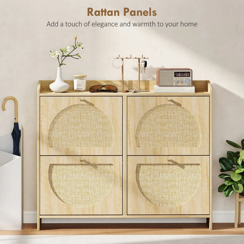 4 Flip-Drawer Shoe Cabinet, Rattan Doors, Adjustable Shelves, Holds 16 Pairs, Natural