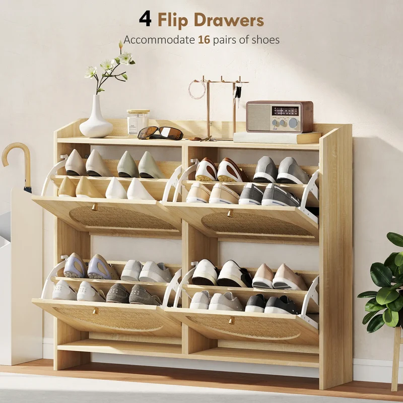 4 Flip-Drawer Shoe Cabinet, Rattan Doors, Adjustable Shelves, Holds 16 Pairs, Natural