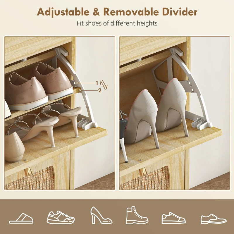 4 Flip-Drawer Shoe Cabinet, Rattan Doors, Adjustable Shelves, Holds 16 Pairs, Natural
