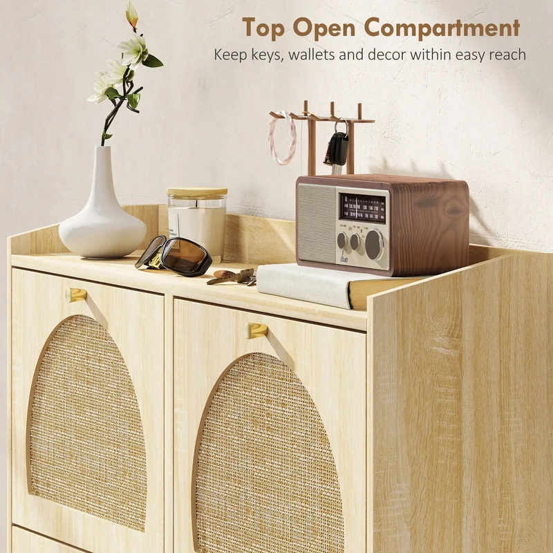 4 Flip-Drawer Shoe Cabinet, Rattan Doors, Adjustable Shelves, Holds 16 Pairs, Natural