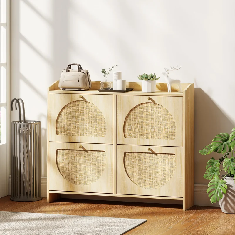 4 Flip-Drawer Shoe Cabinet, Rattan Doors, Adjustable Shelves, Holds 16 Pairs, Natural