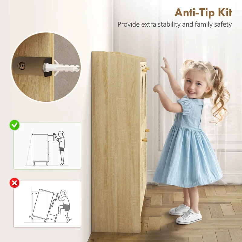 4 Flip-Drawer Shoe Cabinet, Rattan Doors, Adjustable Shelves, Holds 16 Pairs, Natural