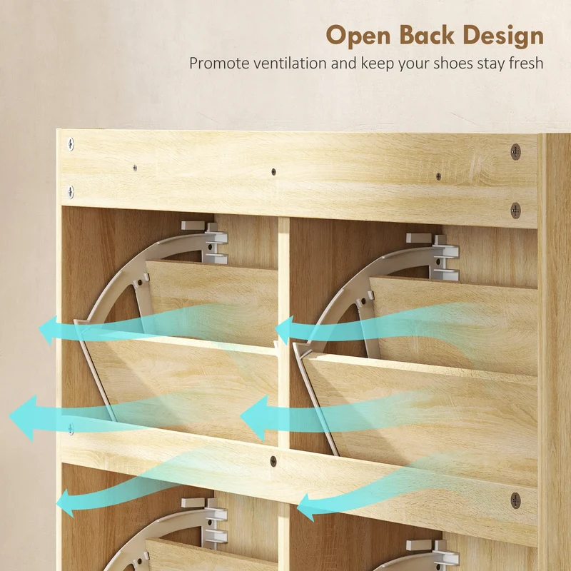 4 Flip-Drawer Shoe Cabinet, Rattan Doors, Adjustable Shelves, Holds 16 Pairs, Natural