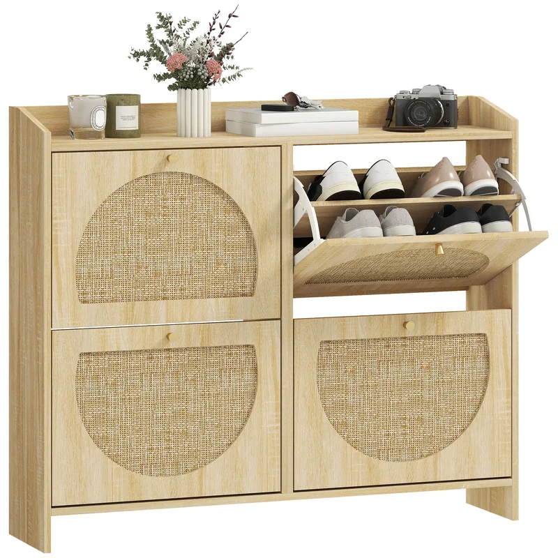 4 Flip-Drawer Shoe Cabinet, Rattan Doors, Adjustable Shelves, Holds 16 Pairs, Natural