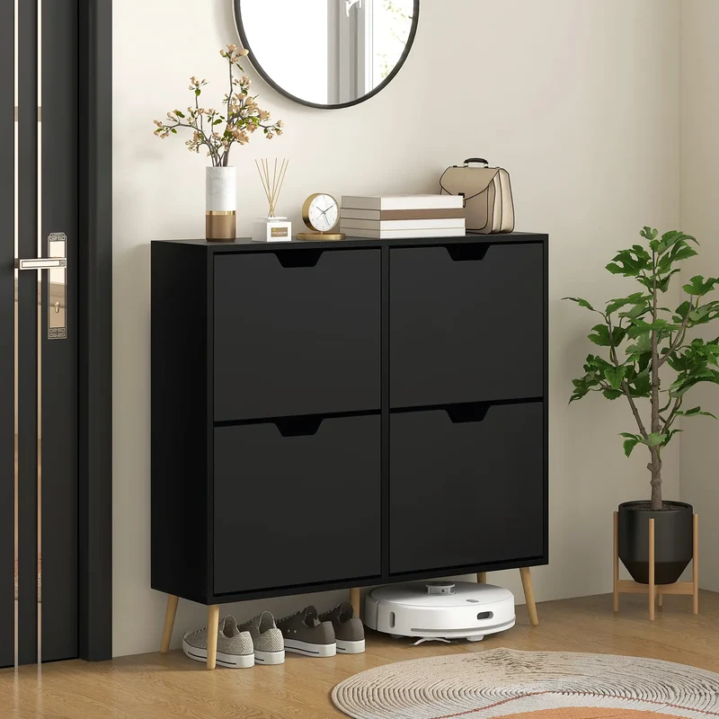 Shoe Storage Cabinet, 4 Flip Drawers, Adjustable Shelf, Holds 8-16 Pairs, Black