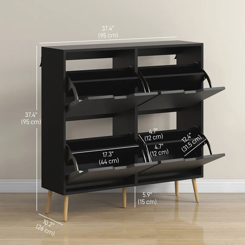 Shoe Storage Cabinet, 4 Flip Drawers, Adjustable Shelf, Holds 8-16 Pairs, Black