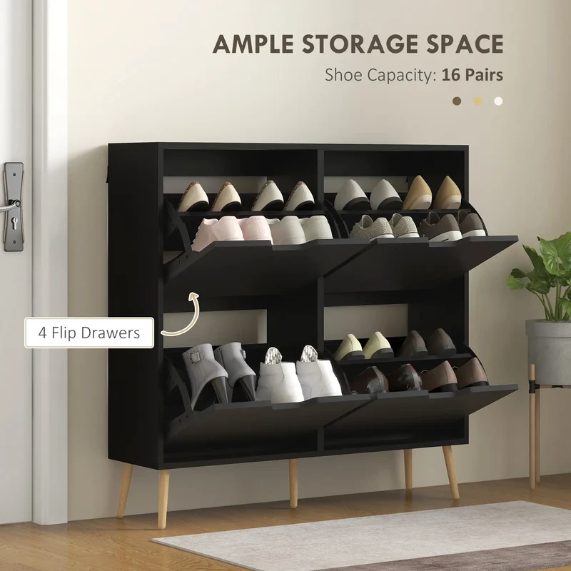 Shoe Storage Cabinet, 4 Flip Drawers, Adjustable Shelf, Holds 8-16 Pairs, Black