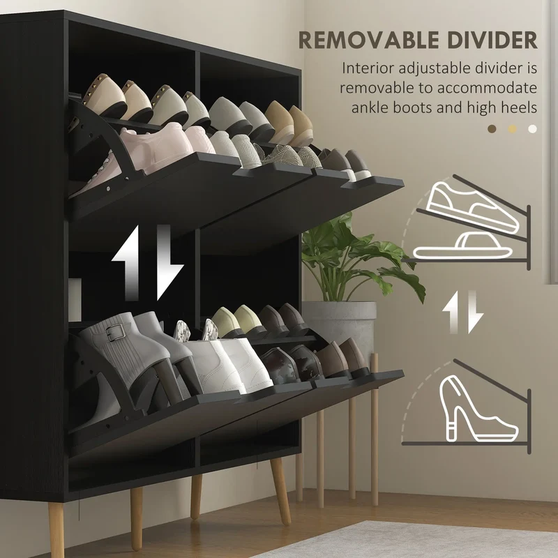 Shoe Storage Cabinet, 4 Flip Drawers, Adjustable Shelf, Holds 8-16 Pairs, Black