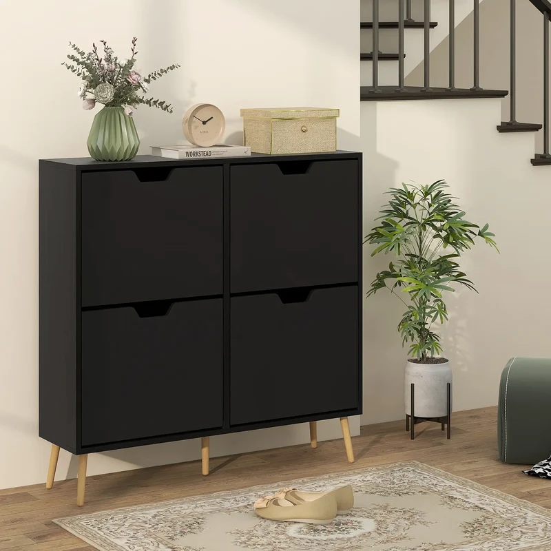 Shoe Storage Cabinet, 4 Flip Drawers, Adjustable Shelf, Holds 8-16 Pairs, Black
