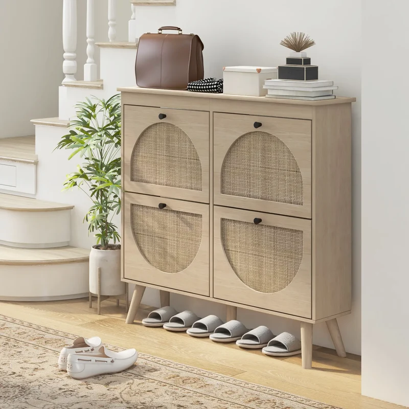 Shoe Cabinet, 4 Flip Drawers, Adjustable Shelves, Holds 20 Pairs, Oak
