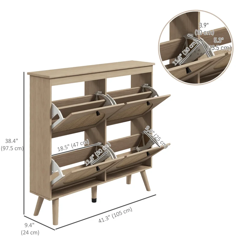 Shoe Cabinet, 4 Flip Drawers, Adjustable Shelves, Holds 20 Pairs, Oak