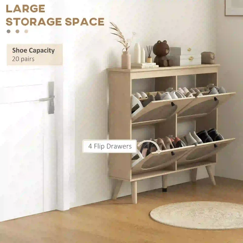 Shoe Cabinet, 4 Flip Drawers, Adjustable Shelves, Holds 20 Pairs, Oak