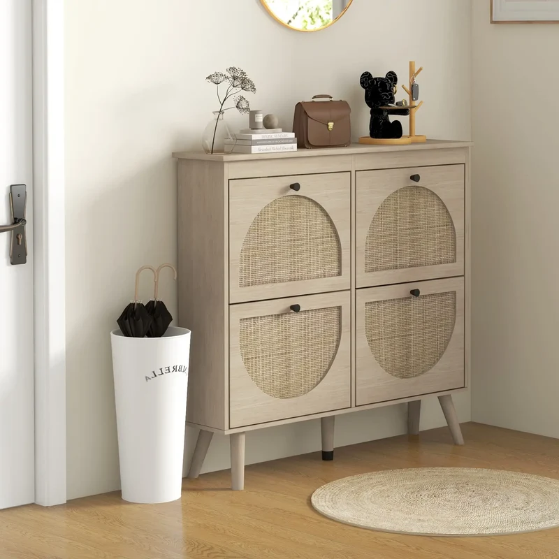 Shoe Cabinet, 4 Flip Drawers, Adjustable Shelves, Holds 20 Pairs, Oak