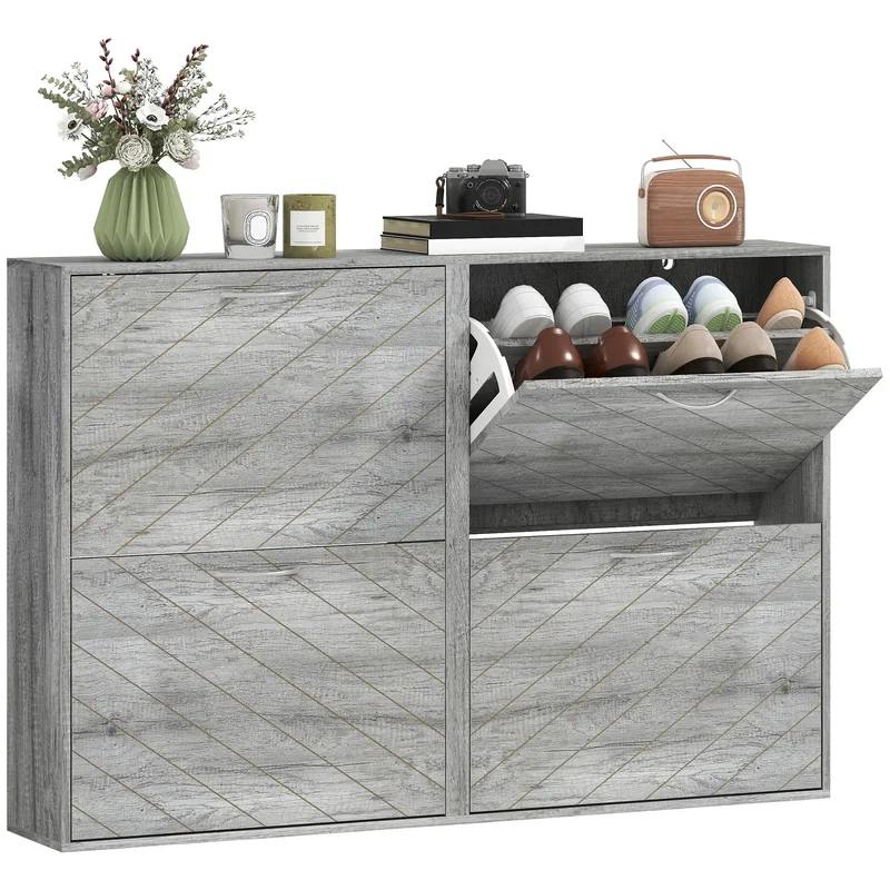 Shoe Storage Cabinet, 4 Flip Drawers, Narrow Slim, 12 Pair Organizer, Grey