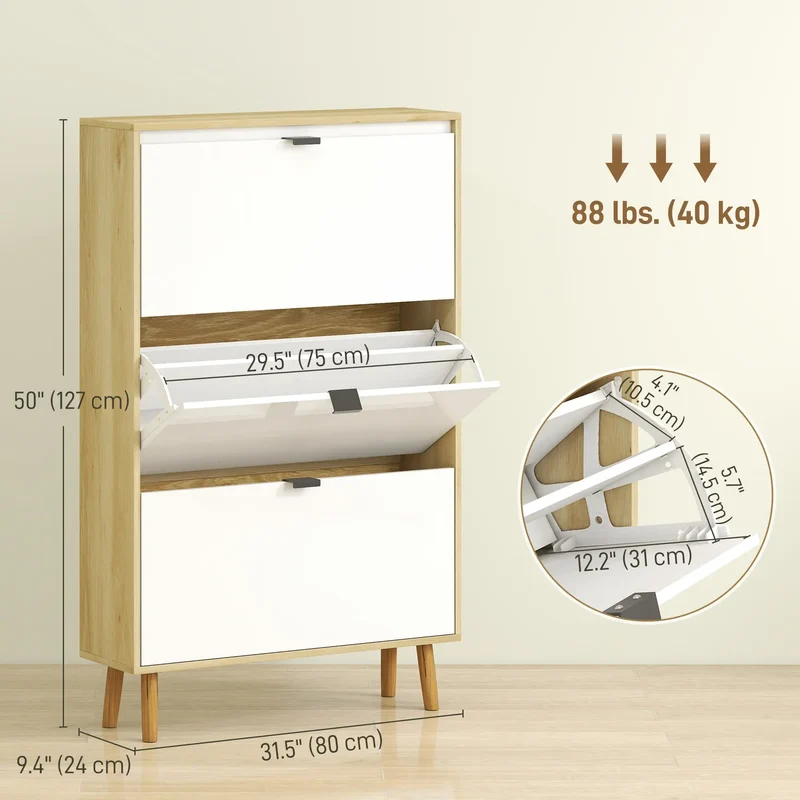 Narrow Shoe Cabinet, 3 Flip Drawers, Adjustable Shelves, Holds 24 Pairs, White