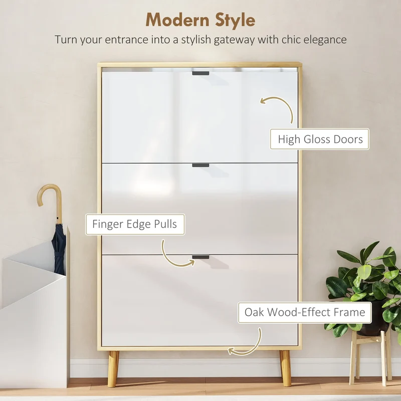 Narrow Shoe Cabinet, 3 Flip Drawers, Adjustable Shelves, Holds 24 Pairs, White