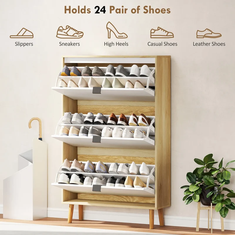 Narrow Shoe Cabinet, 3 Flip Drawers, Adjustable Shelves, Holds 24 Pairs, White