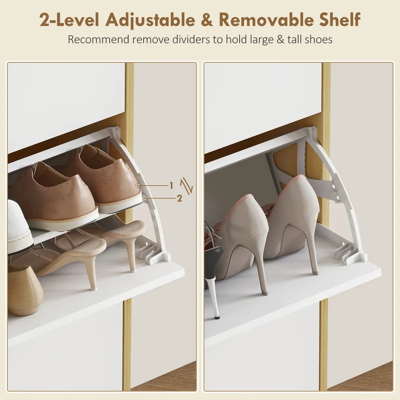 Narrow Shoe Cabinet, 3 Flip Drawers, Adjustable Shelves, Holds 24 Pairs, White