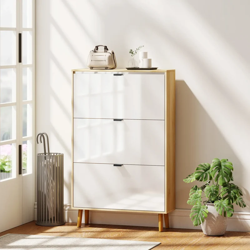 Narrow Shoe Cabinet, 3 Flip Drawers, Adjustable Shelves, Holds 24 Pairs, White