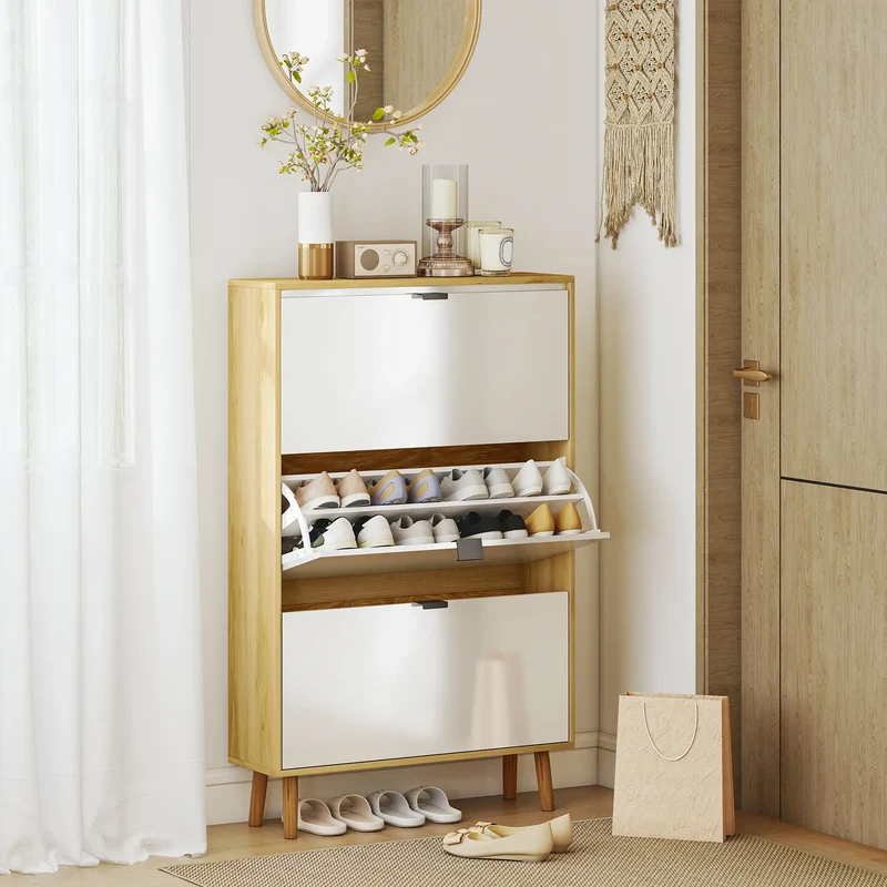 Narrow Shoe Cabinet, 3 Flip Drawers, Adjustable Shelves, Holds 24 Pairs, White