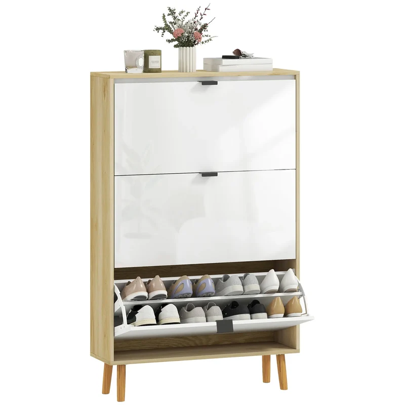 Narrow Shoe Cabinet, 3 Flip Drawers, Adjustable Shelves, Holds 24 Pairs, White