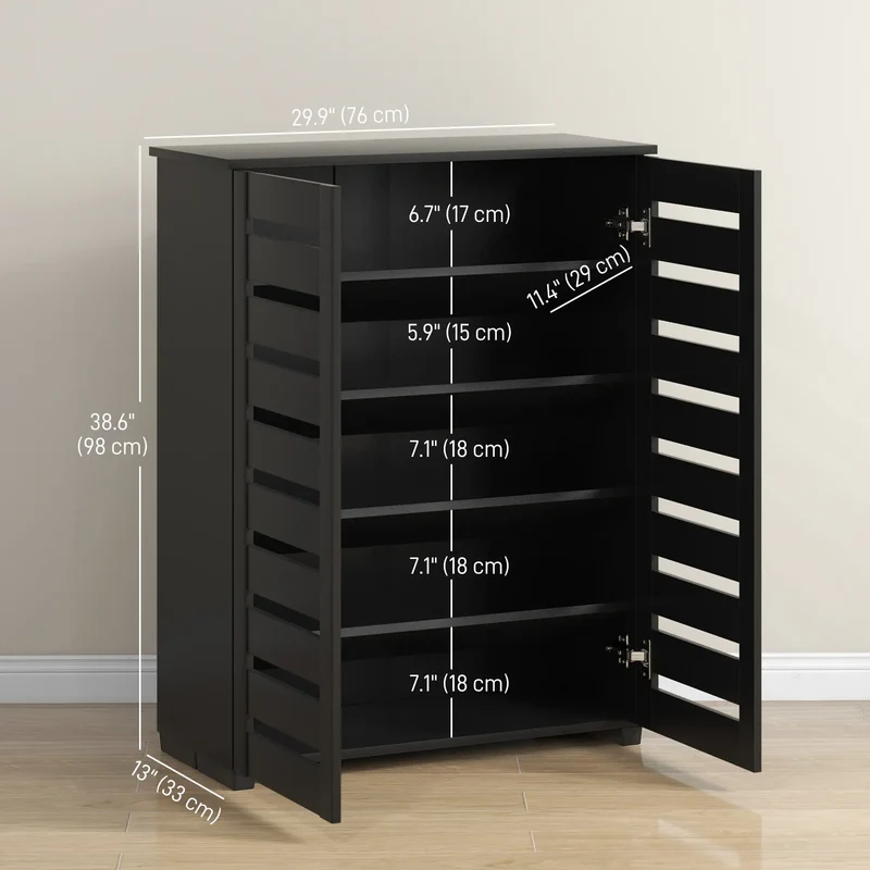 Shoe Storage Cabinet, 2 Slatted Doors, Holds 15 Pairs, Black