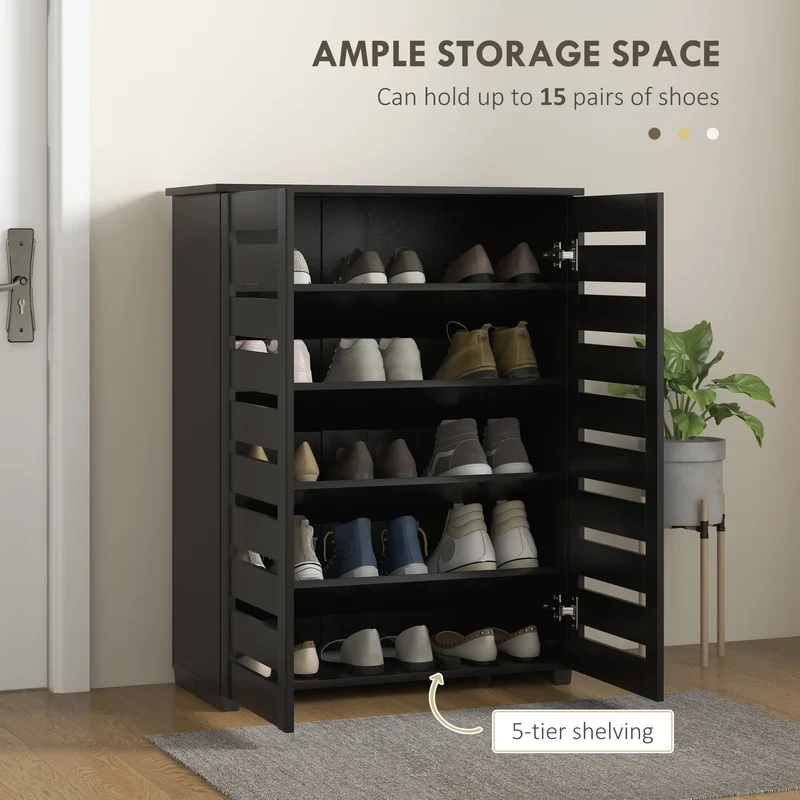 Shoe Storage Cabinet, 2 Slatted Doors, Holds 15 Pairs, Black