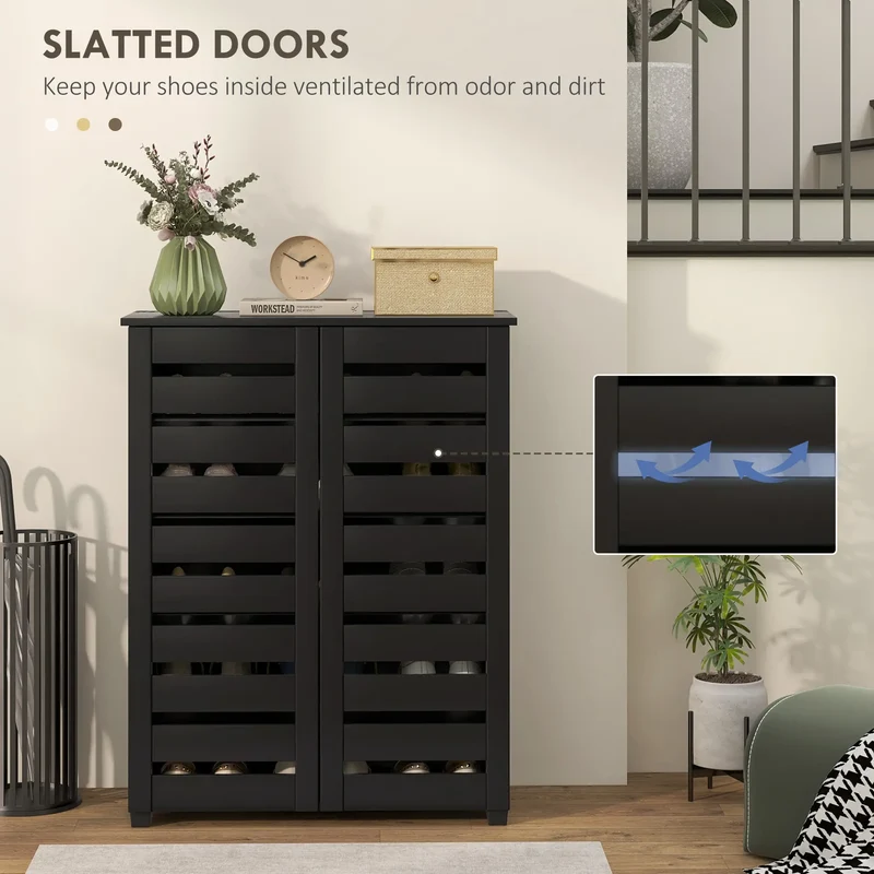 Shoe Storage Cabinet, 2 Slatted Doors, Holds 15 Pairs, Black
