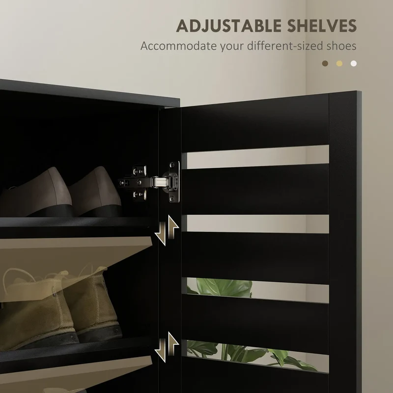 Shoe Storage Cabinet, 2 Slatted Doors, Holds 15 Pairs, Black