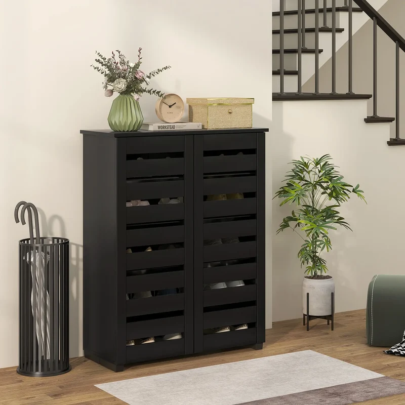 Shoe Storage Cabinet, 2 Slatted Doors, Holds 15 Pairs, Black