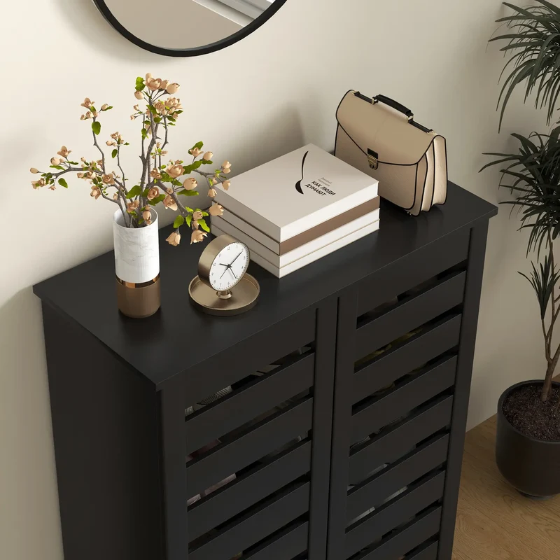 Shoe Storage Cabinet, 2 Slatted Doors, Holds 15 Pairs, Black