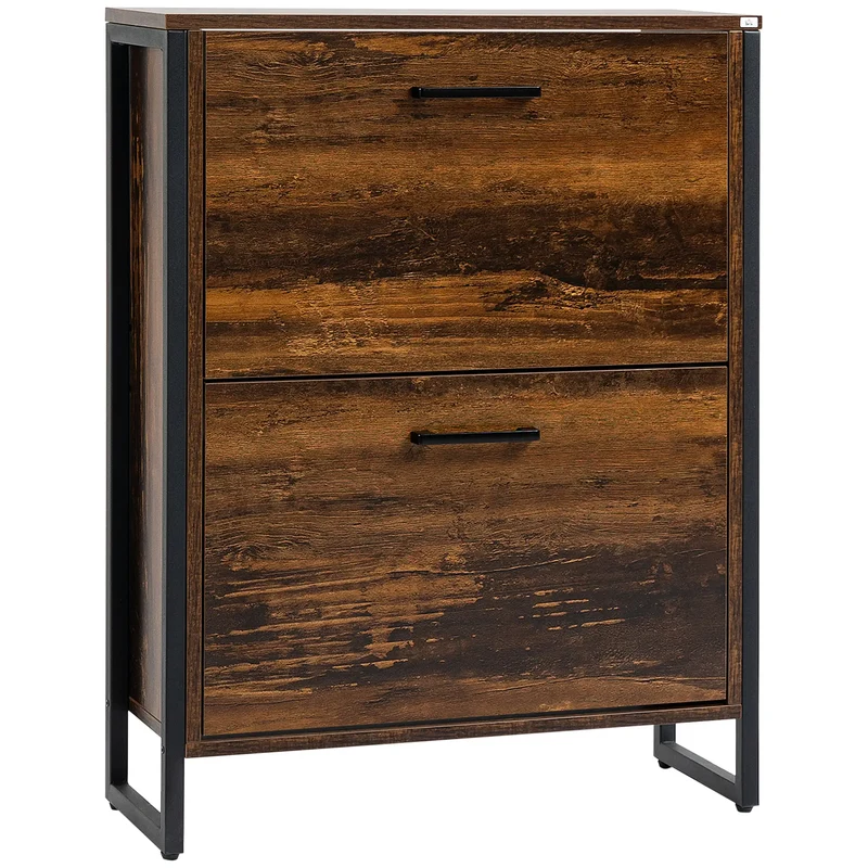 Shoe Cabinet, 2 Flip Doors, 2 Drawers, Divider, Holds 12 Pairs, Rustic Brown
