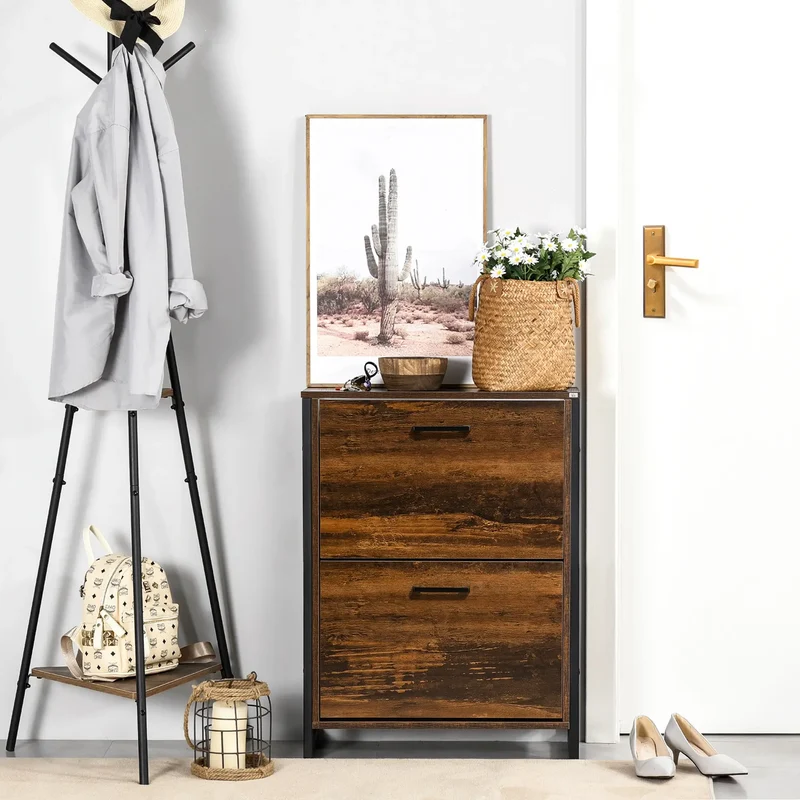Shoe Cabinet, 2 Flip Doors, 2 Drawers, Divider, Holds 12 Pairs, Rustic Brown