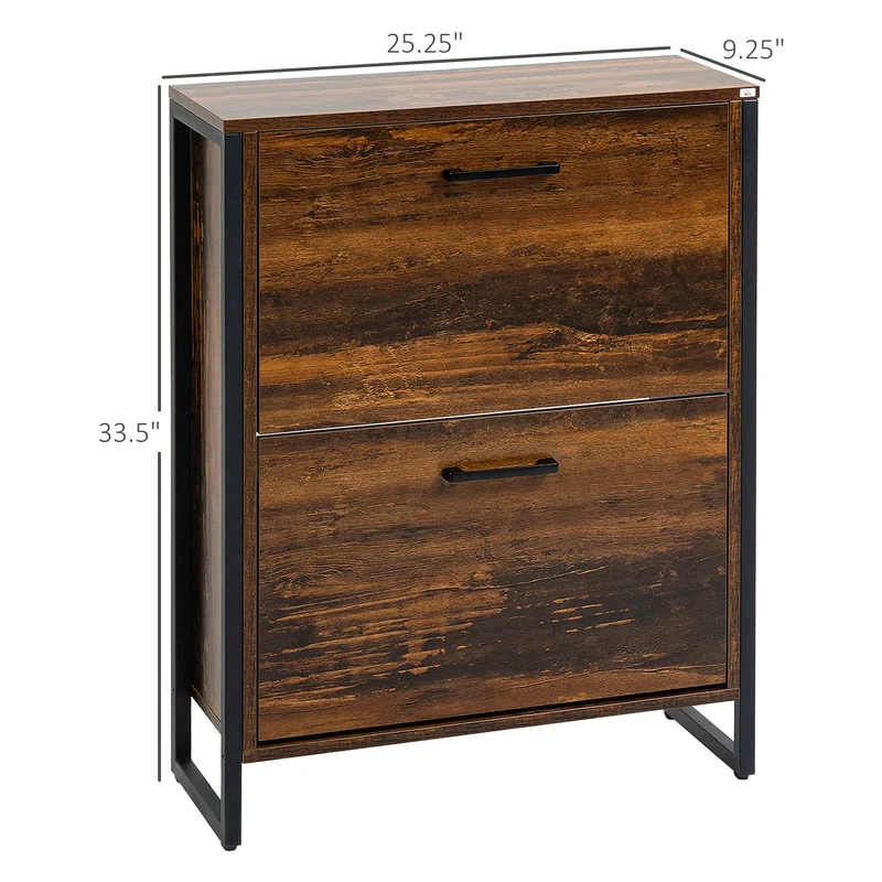 Shoe Cabinet, 2 Flip Doors, 2 Drawers, Divider, Holds 12 Pairs, Rustic Brown